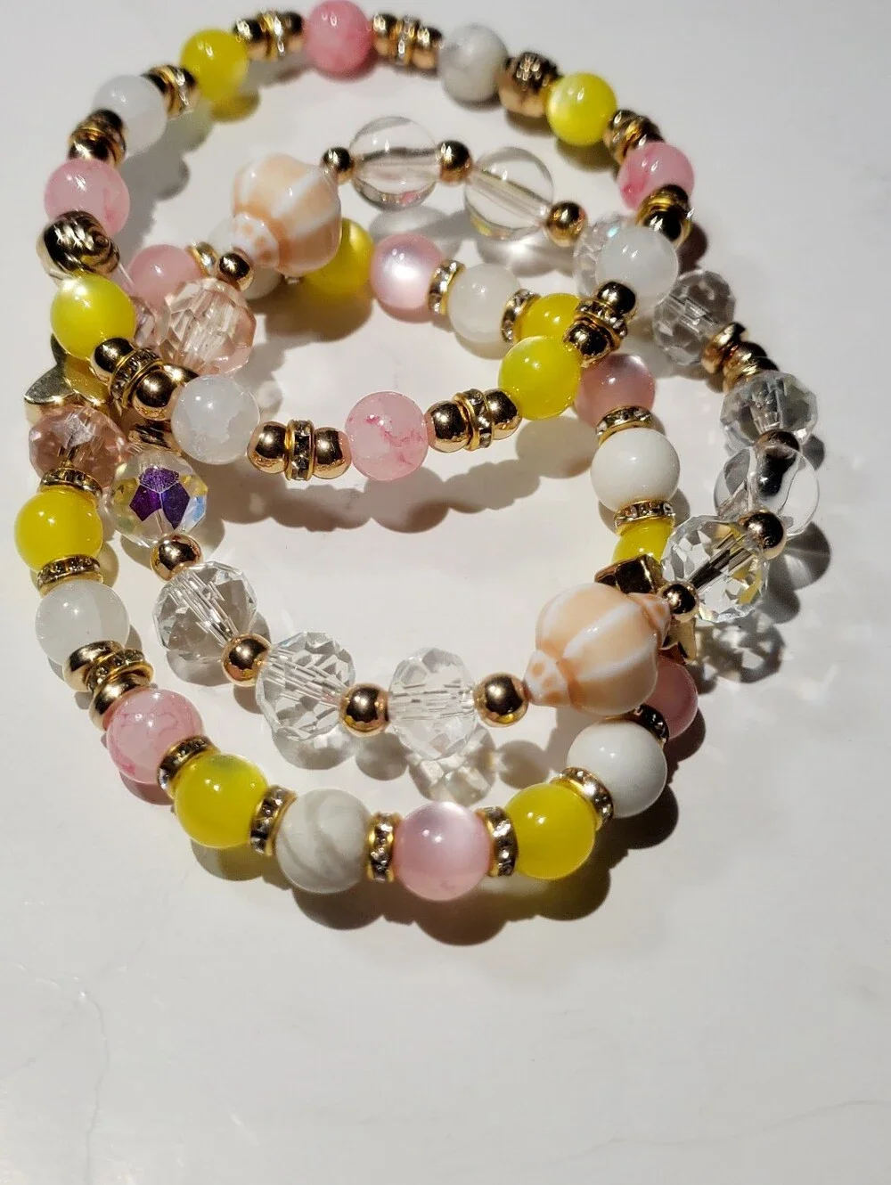 Handmade Yellow Pink White Beaded Stretch Bracelet Set